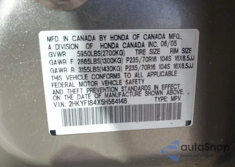 2005 Honda Pilot Ex from USA, damaged, VIN 2HKYF184X5H564148